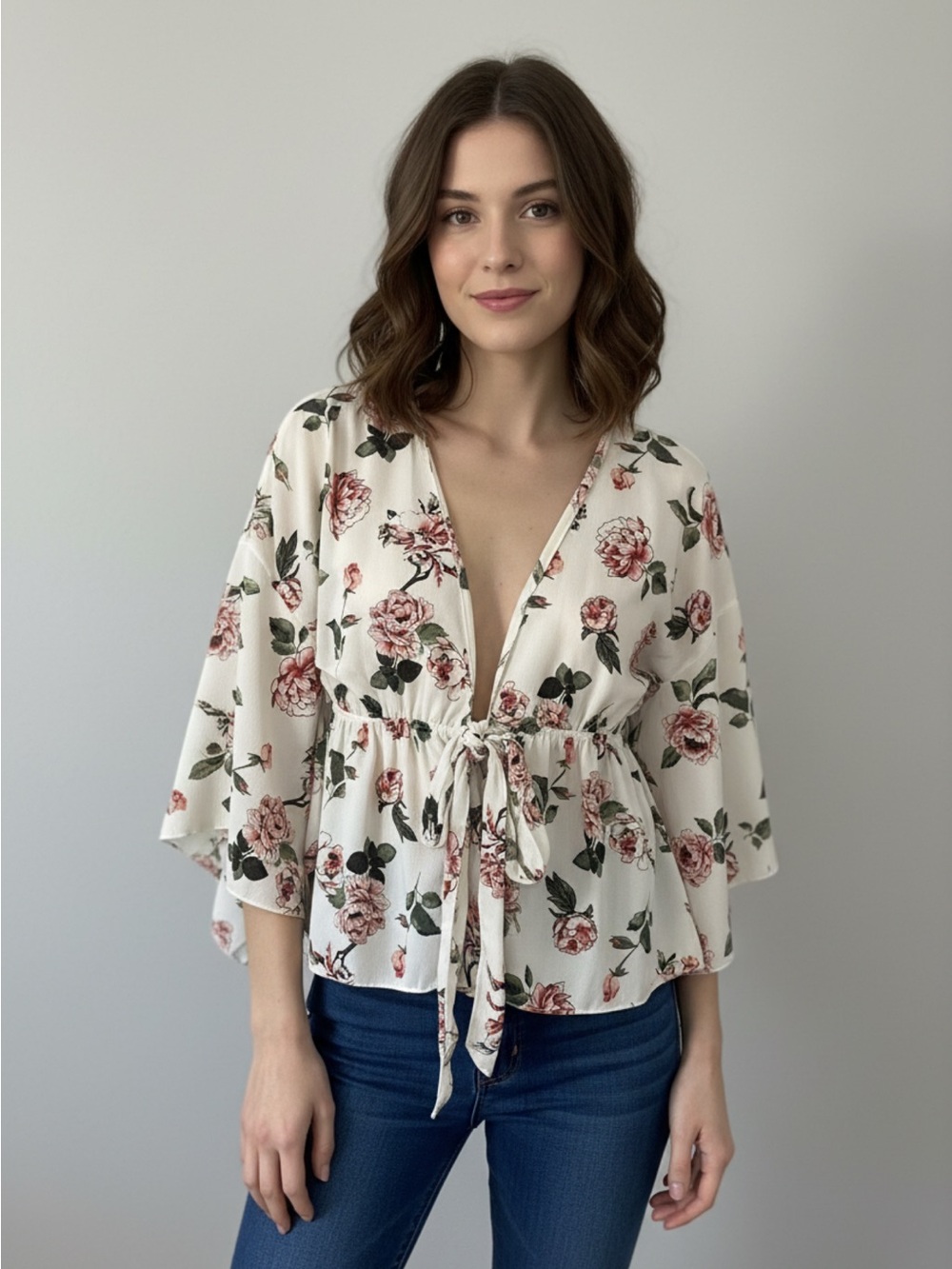 Streetwear Society Cream Floral Tie-Front Blouse with Pink Roses